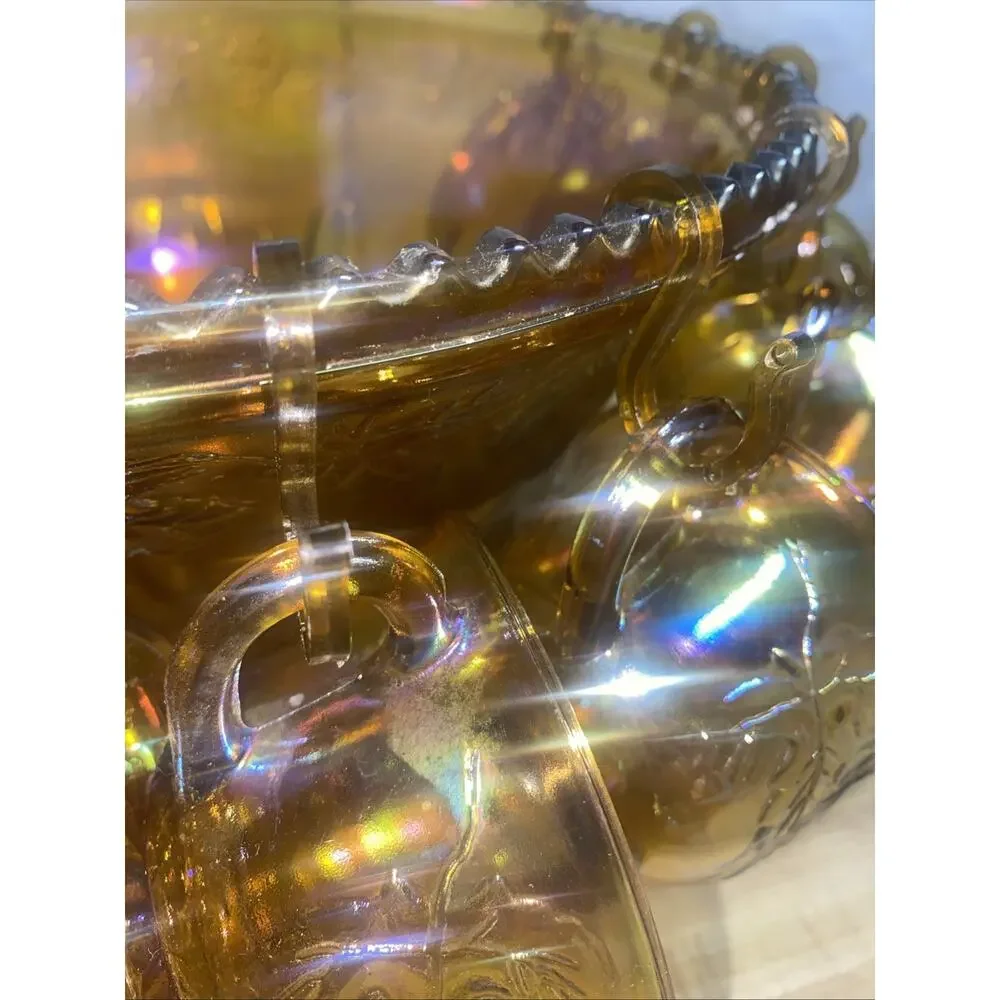 60s 70s Indiana Glass Iridescent Marigold Carnival Glass Punch Bowl 12 Cup Set